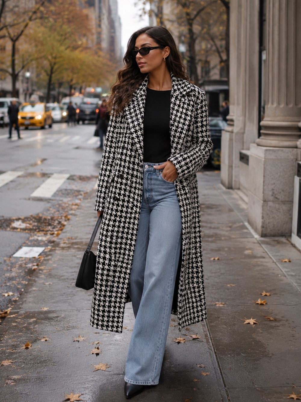 Black white Houndstooth Long Double Breasted Maxi Coat